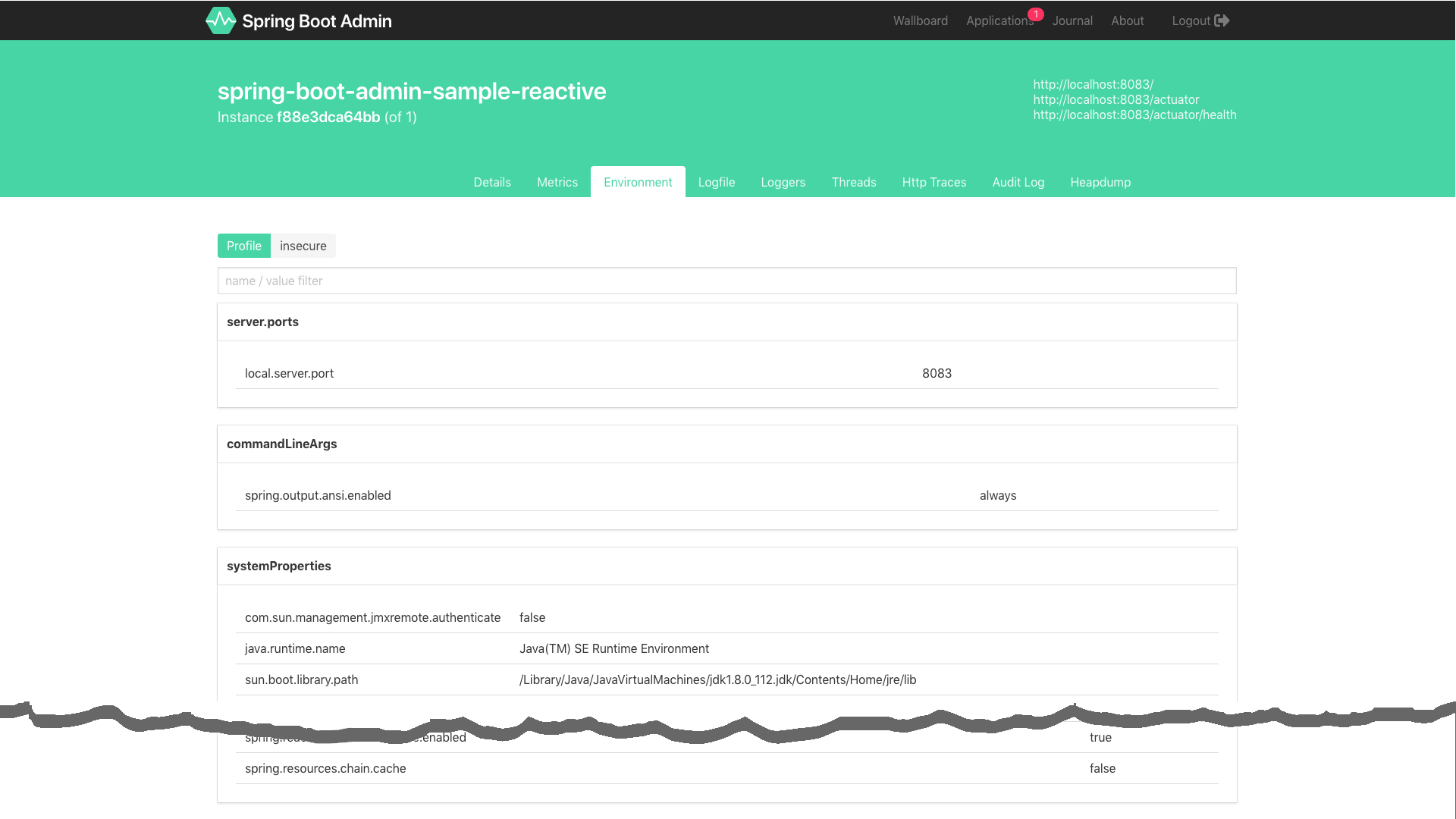 Spring Boot Admin 官方环境信息界面